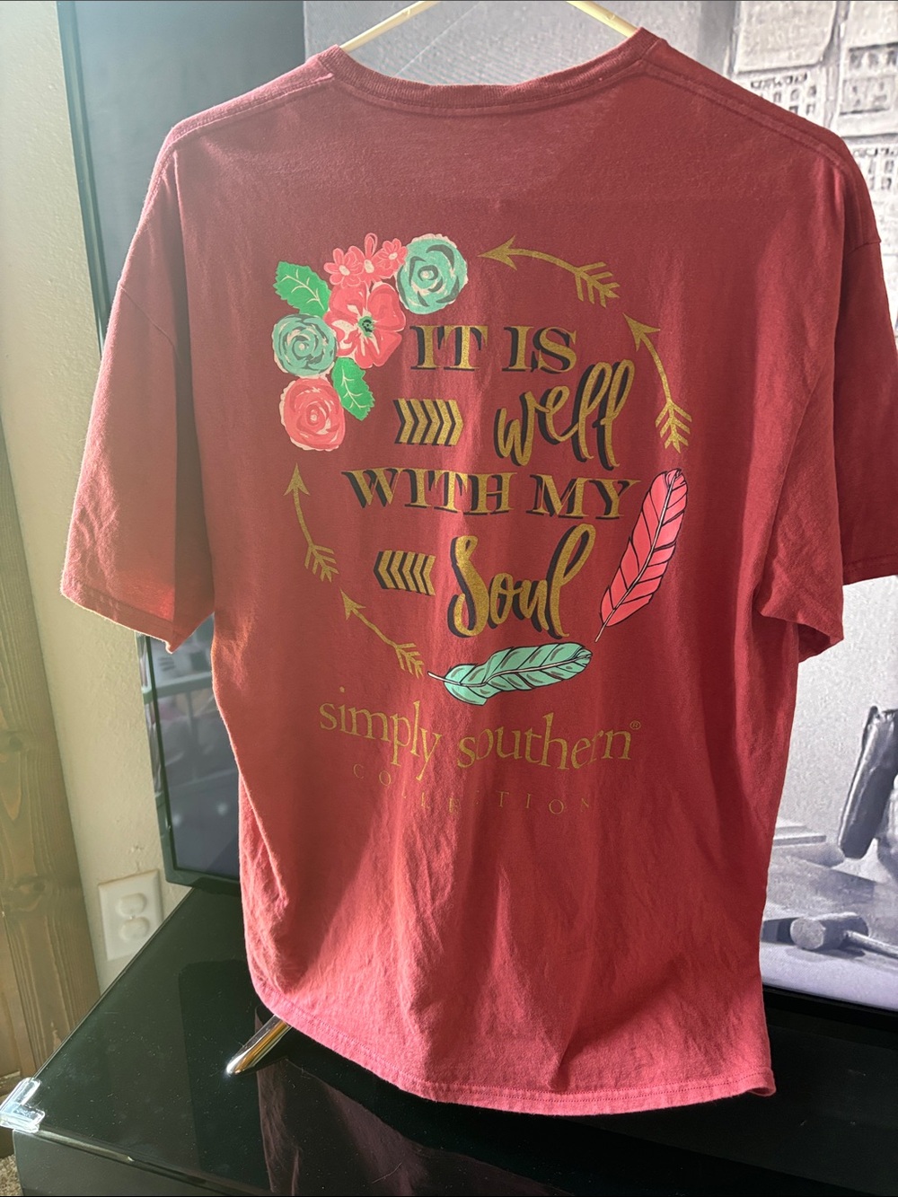 Simply Southern Red Graphic Tee with Floral & Feather Accents